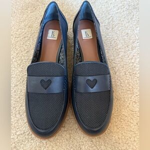 Ellen Degeneres ED Laddie Loafers Navy Blue/Tan Leather Love Heart Sz 8